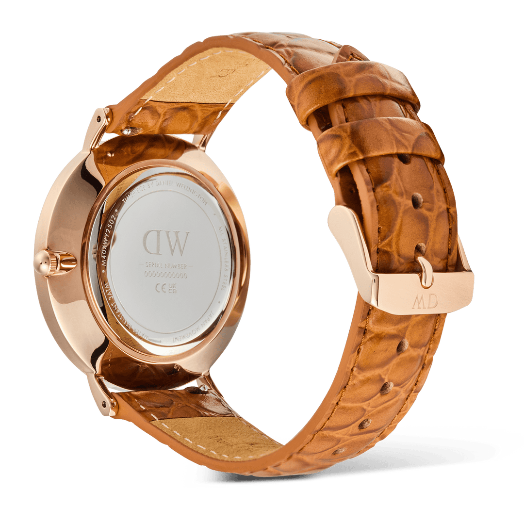 Classic Roman Numerals Date Light Brown Croc Belly Rose Gold