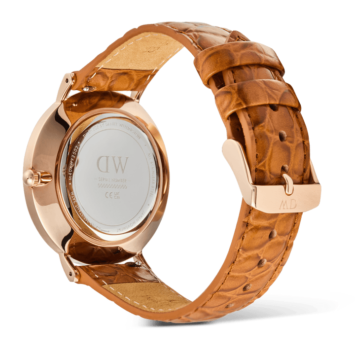 Classic Roman Numerals Date Light Brown Croc Belly Rose Gold