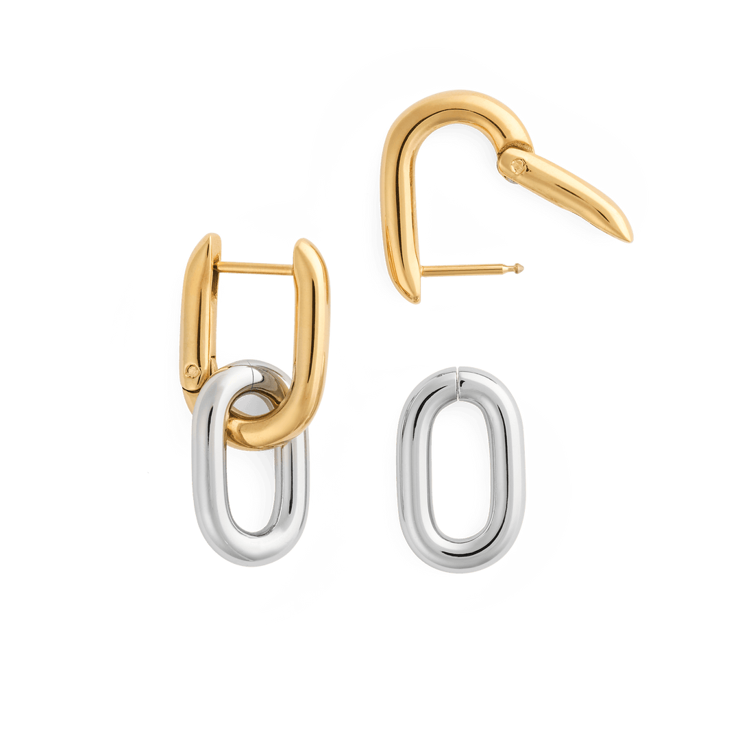 Contrast Link Earrings Two Tone Gold