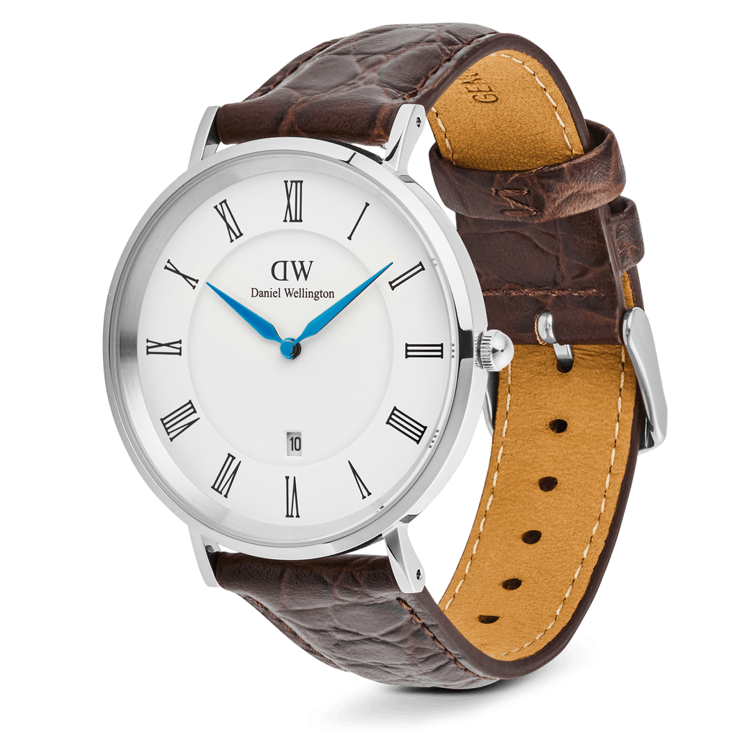 Classic Roman Numerals Date Dark Brown Croc Belly Silver