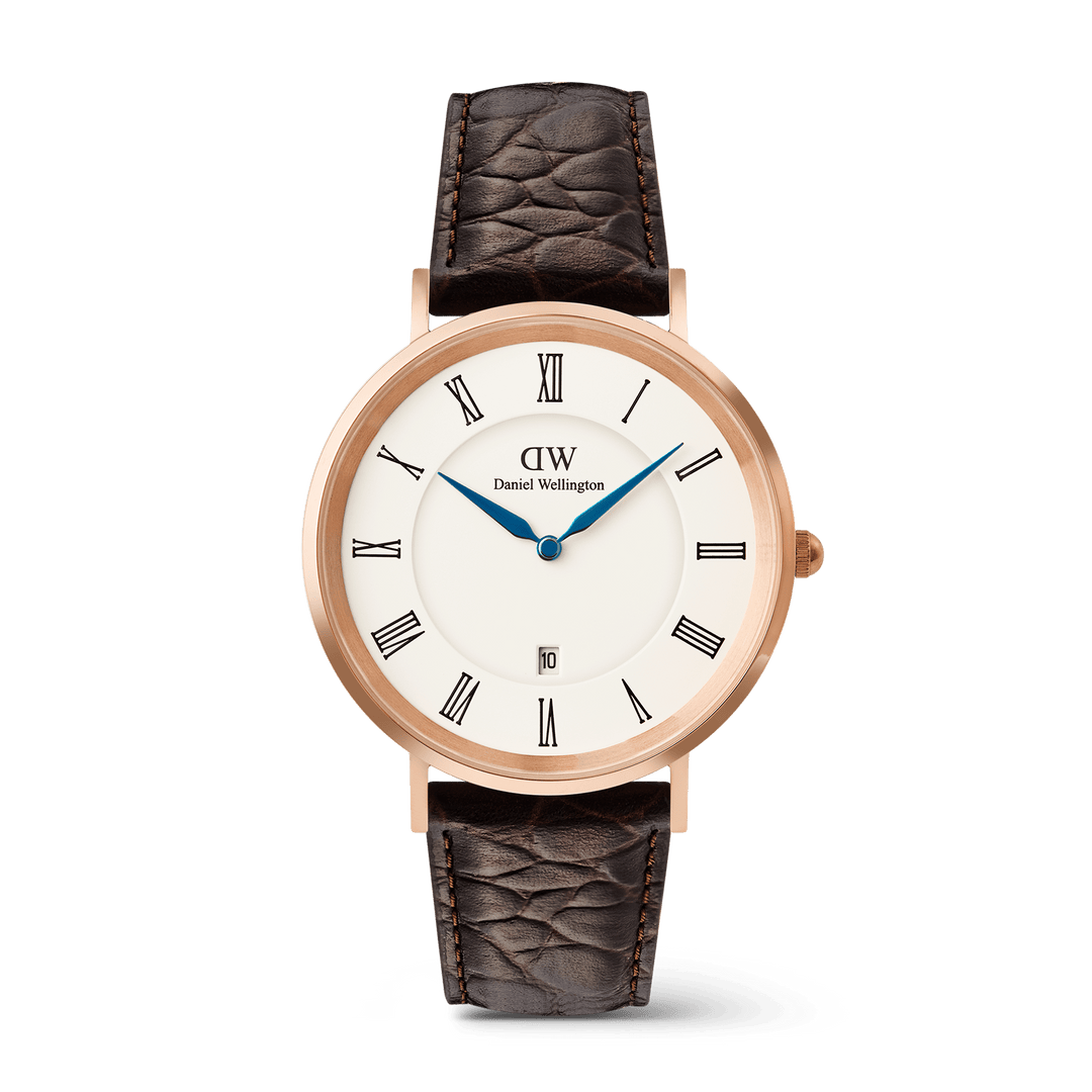 Classic Roman Numerals Date Dark Brown Croc Belly Rose Gold