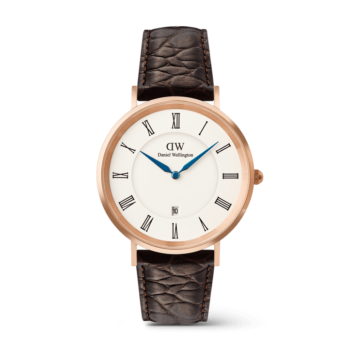 Classic Roman Numerals Date Dark Brown Croc Belly Rose Gold