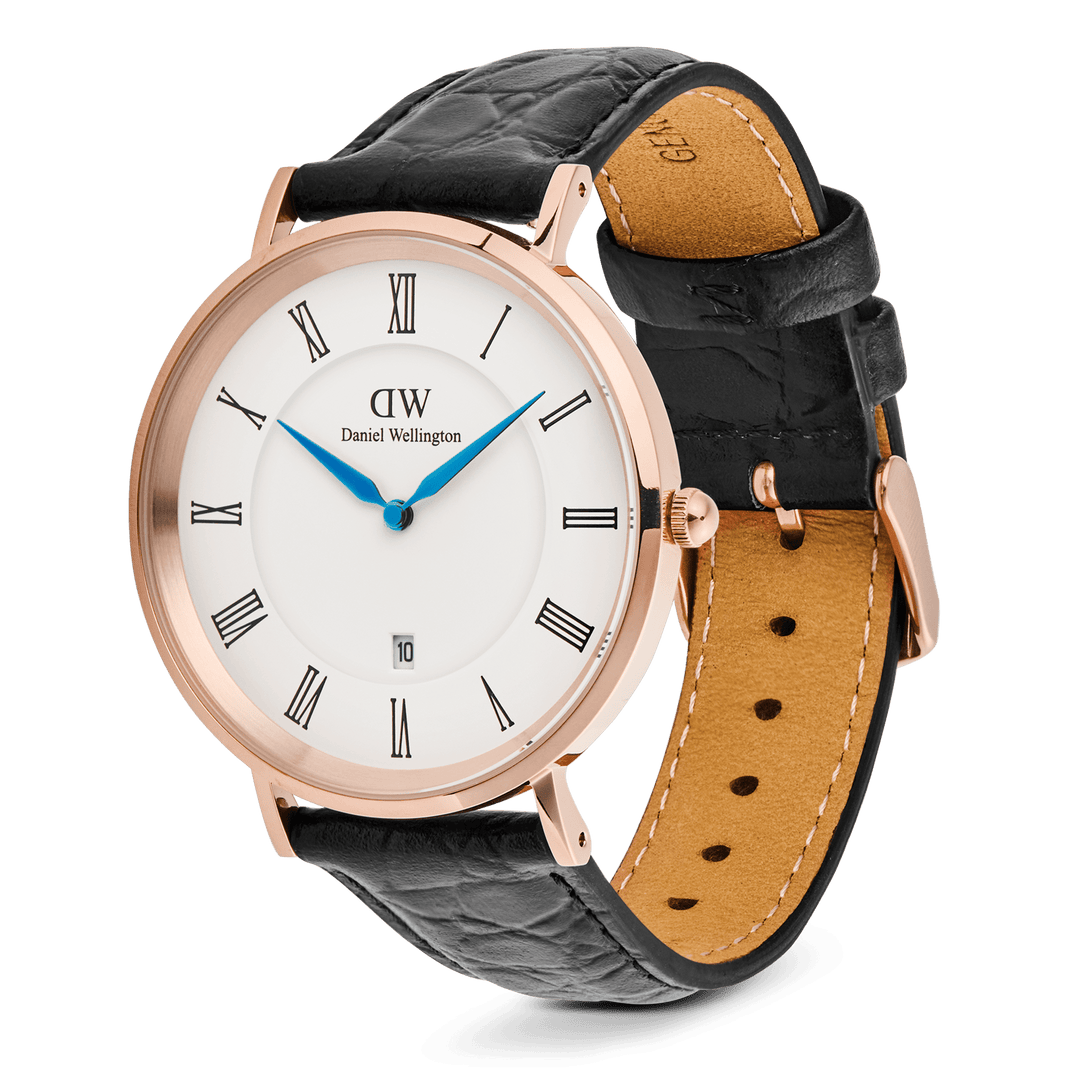 Classic Roman Numerals Date Black Croc Belly Rose Gold
