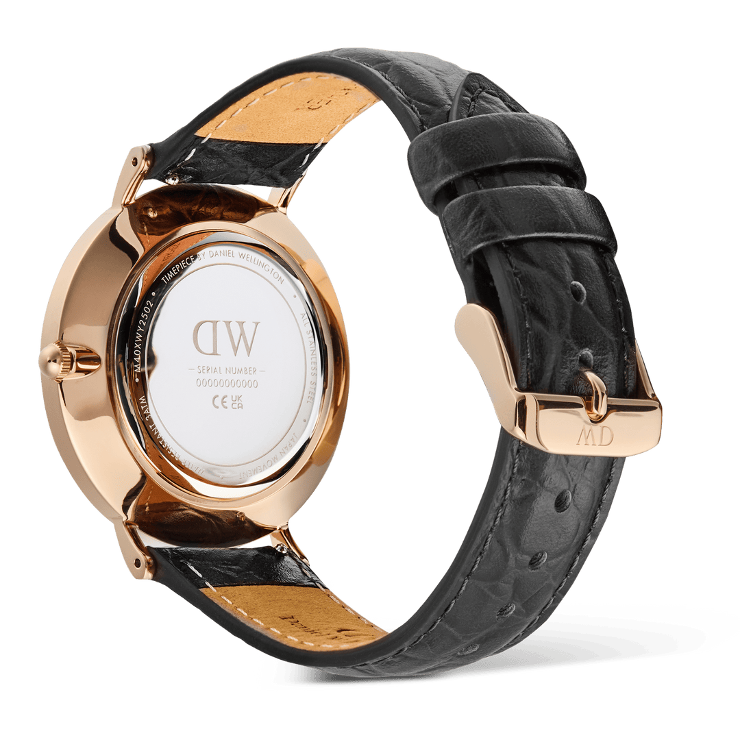 Classic Roman Numerals Date Black Croc Belly Rose Gold