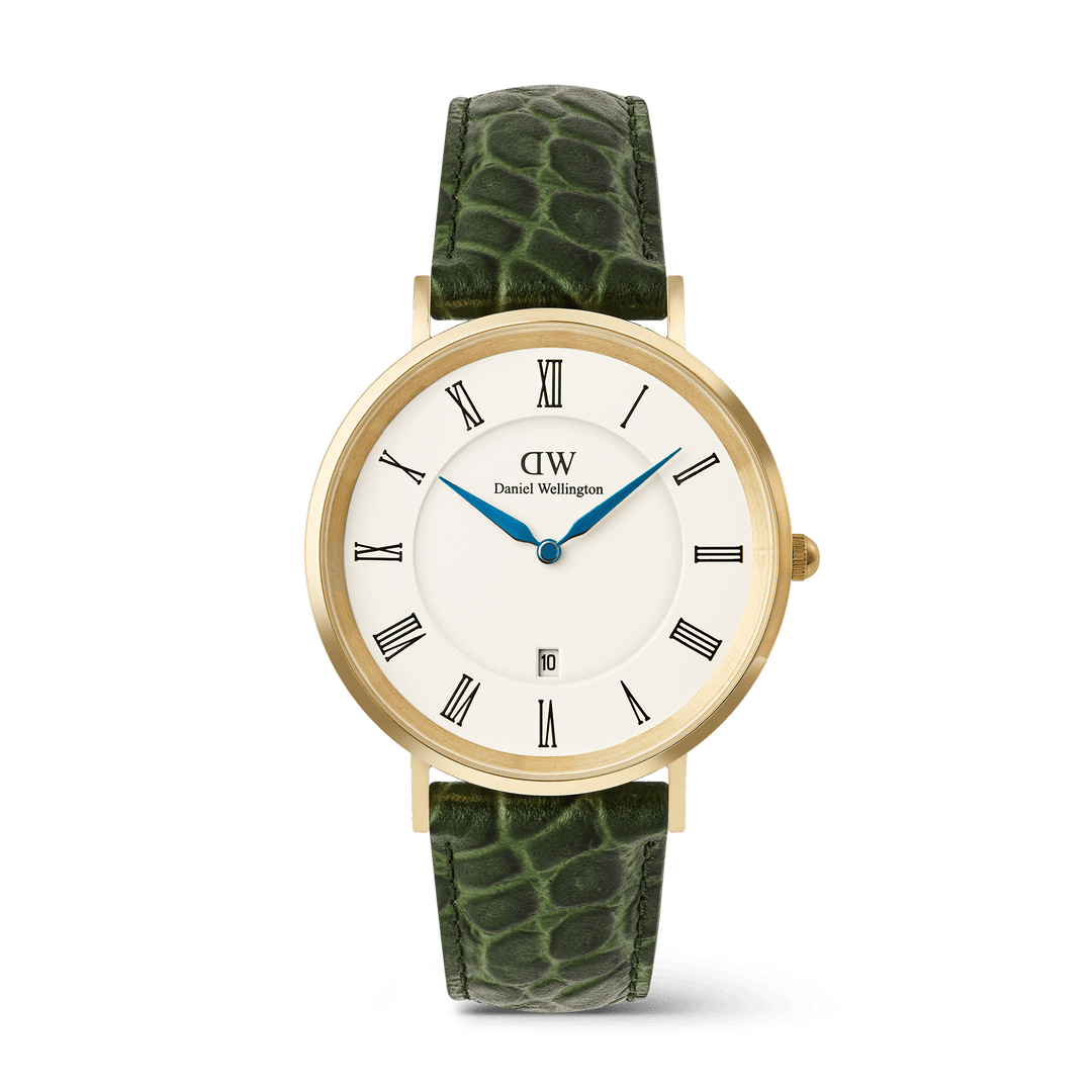 Classic Roman Numerals Date Dark Green Croc Belly Gold