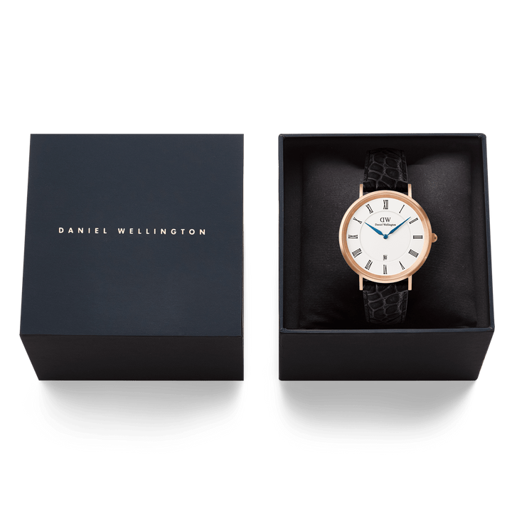 Classic Roman Numerals Date Black Croc Belly Rose Gold