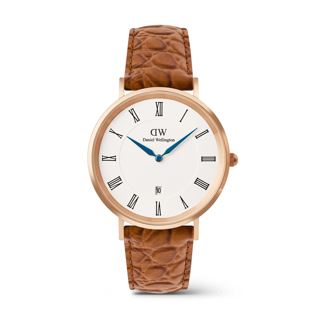 Classic Roman Numerals Date Light Brown Croc Belly Rose Gold