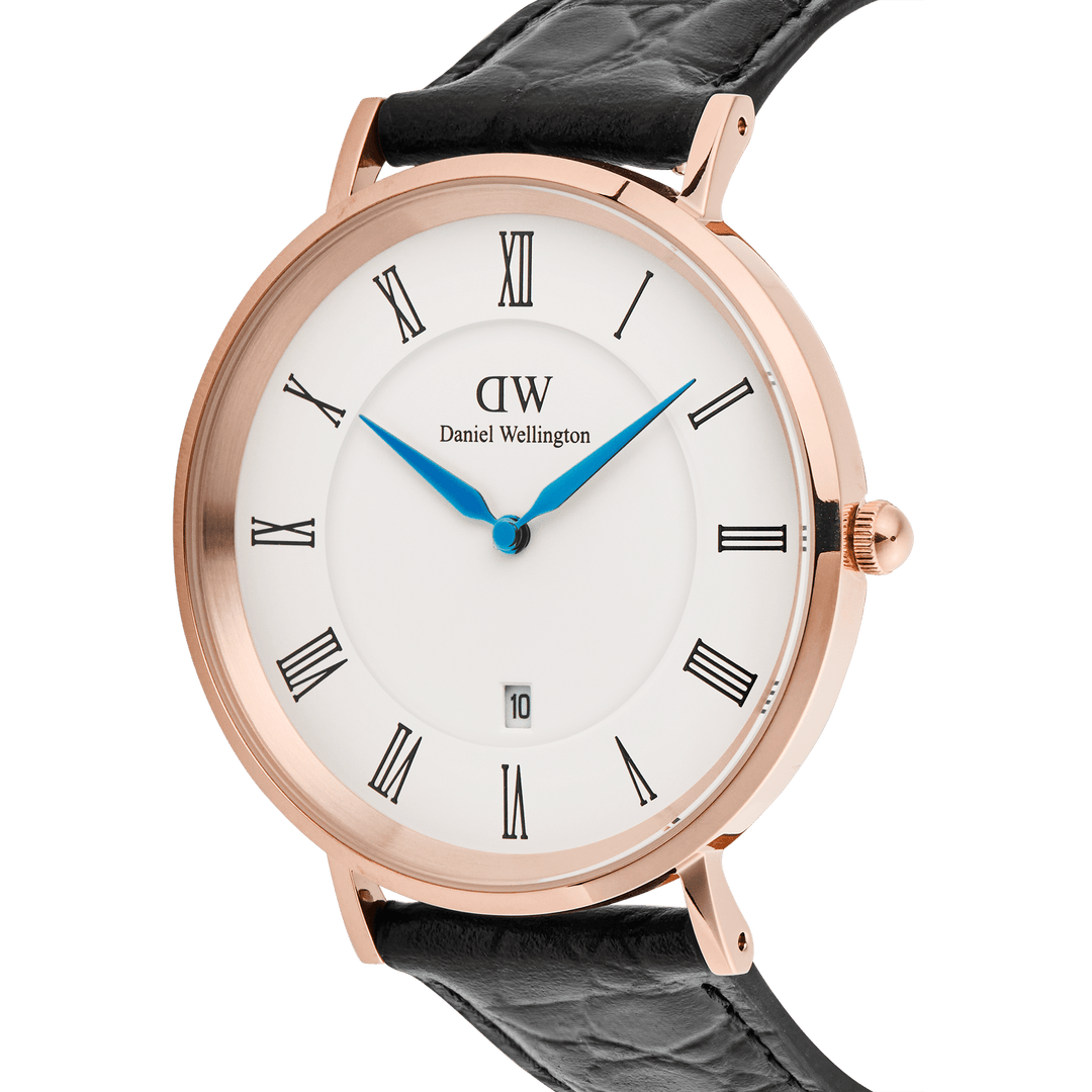 Classic Roman Numerals Date Black Croc Belly Rose Gold