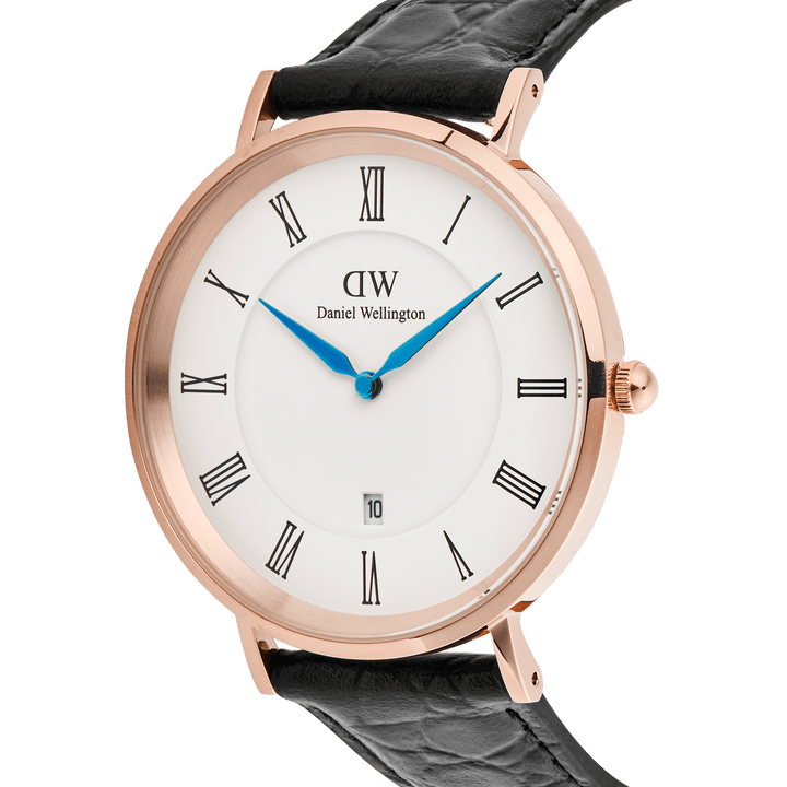 Classic Roman Numerals Date Black Croc Belly Rose Gold