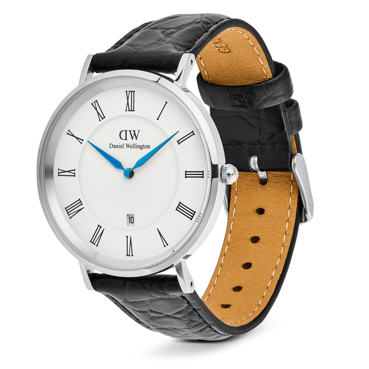 Classic Roman Numerals Date Black Croc Belly Silver