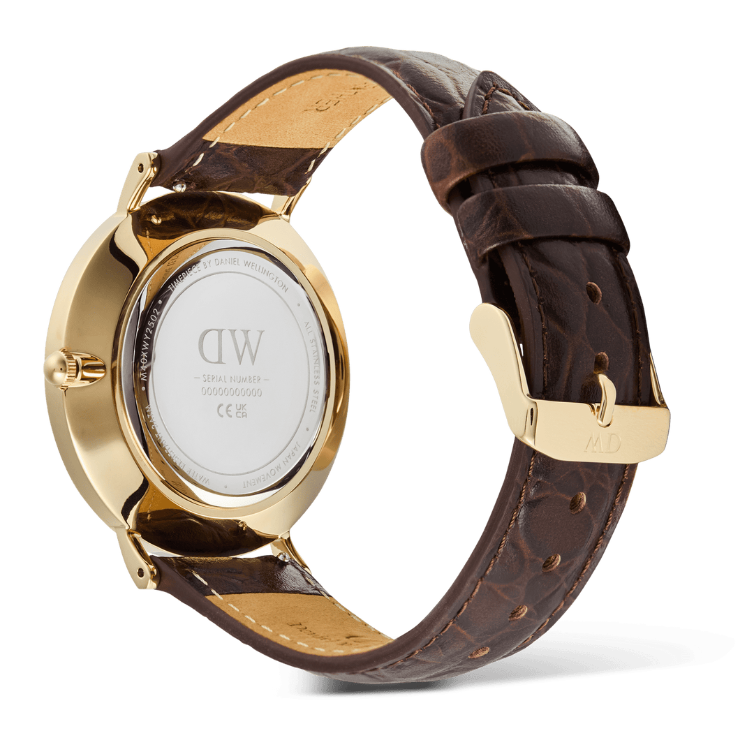 Classic Roman Numerals Date Dark Brown Croc Belly Gold