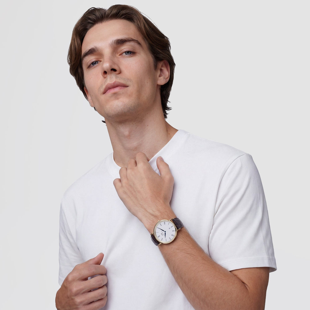 Classic Roman Numerals Date Dark Brown Croc Belly Gold